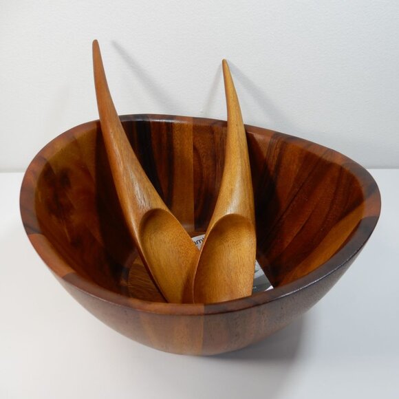 Nambe Harmony 3 Piece Salad Set Bowl & Tongs Brown Acacia Wood NEW $103 - Picture 10 of 13